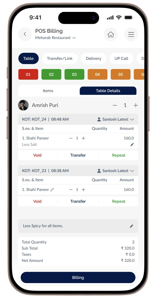 Zyvorik app — Table and KOT details
